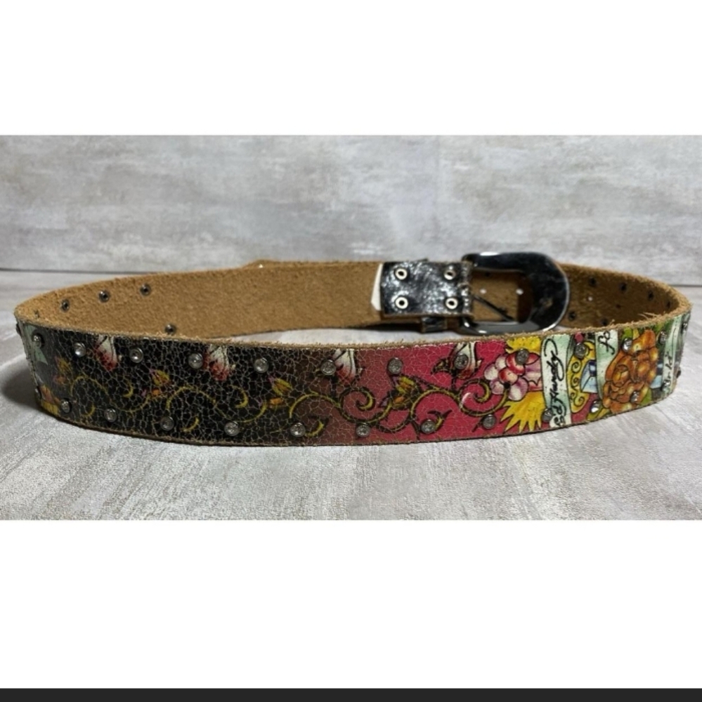 Ed Hardy For The World Rhinestone Studded Pink Black Tattoo Leather Belt Sz S-M - Picture 6 of 16